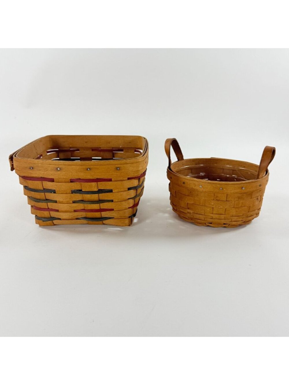 Longaberger 1990's Small Square Round Basket Woven Wood W/Plastic Protector